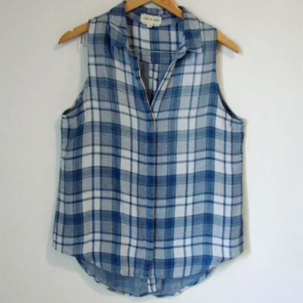 Cloth & Stone Plaid Sleeveless Tunic Top Blue White Western Cowgirl Medium